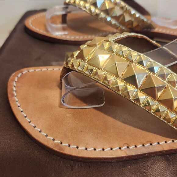 Mystique Gold Leather Rock Stud Flip Flop Thong Sandals sz.6 Ret.$265 w/Dustbag - Picture 4 of 11